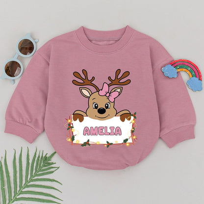 Personalized Amelia Reindeer Romper, Christmas Outfit, Baby's 1st Xmas, Cute Holiday Romper, Girls Boys Newborn Shower Gift, Holly Lights 139 chars