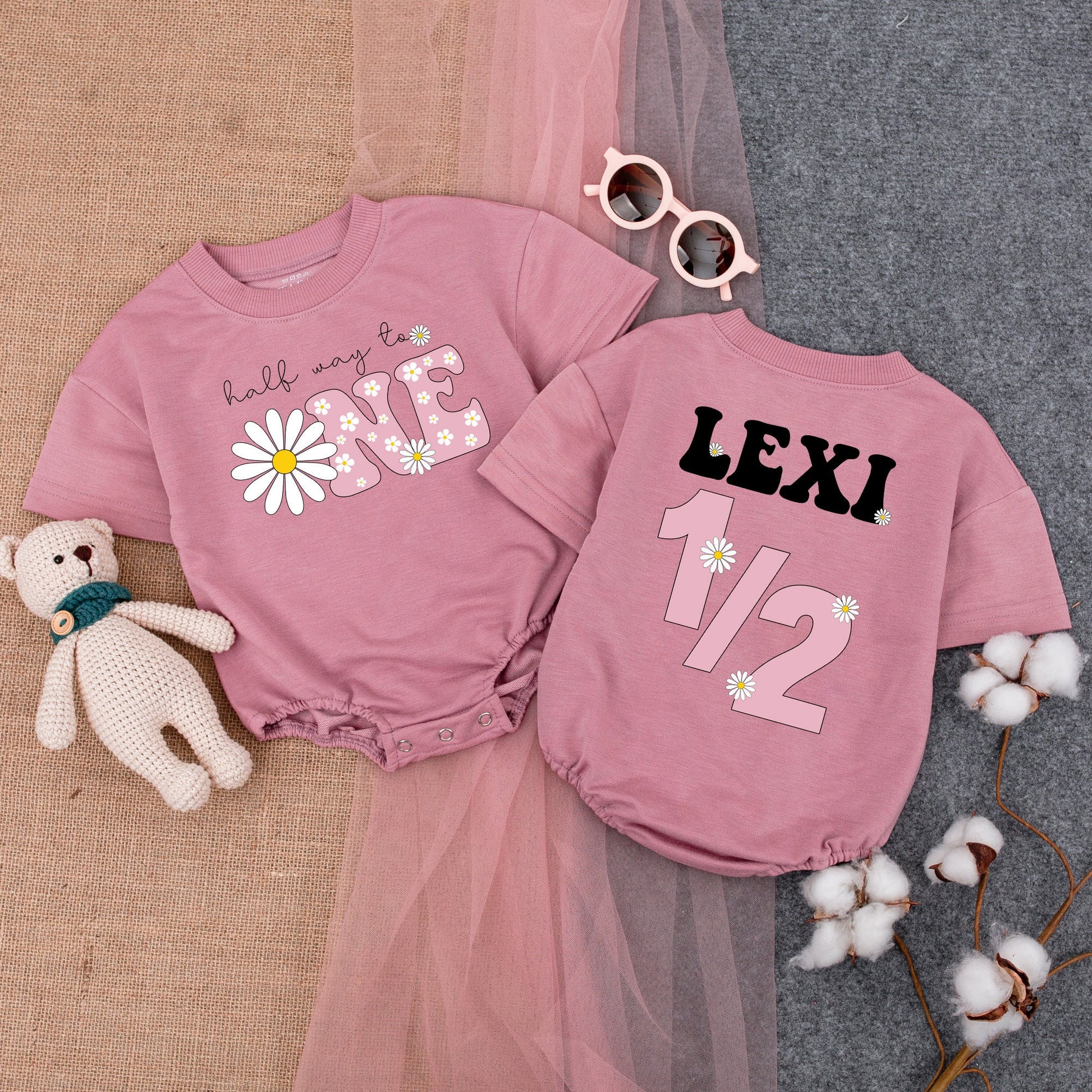 Lexi Half Birthday Outfit: Daisy 'Half Way to ONE' Romper & 1/2 Daisy Bodysuit for Girls, Cute Floral Birthday Clothes