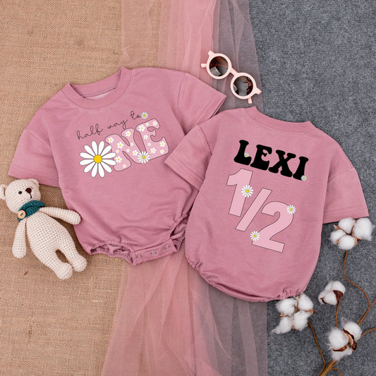 Lexi Half Birthday Outfit: Daisy 'Half Way to ONE' Romper & 1/2 Daisy Bodysuit for Girls, Cute Floral Birthday Clothes