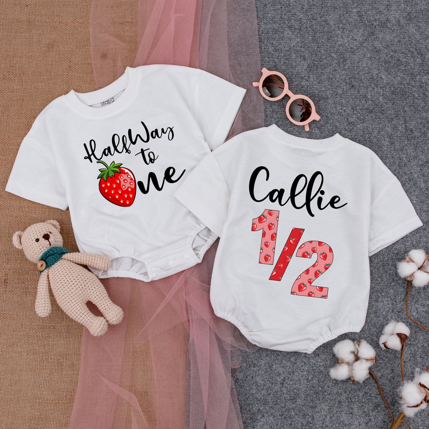 Boho Strawberry Birthday Romper: Personalized 1/2 Year Baby Outfit