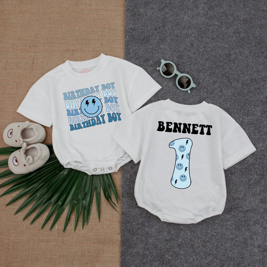 Birthday Boy Blue Smiley Face Romper First Birthday Outfit for Baby Boy with Custom Name Option