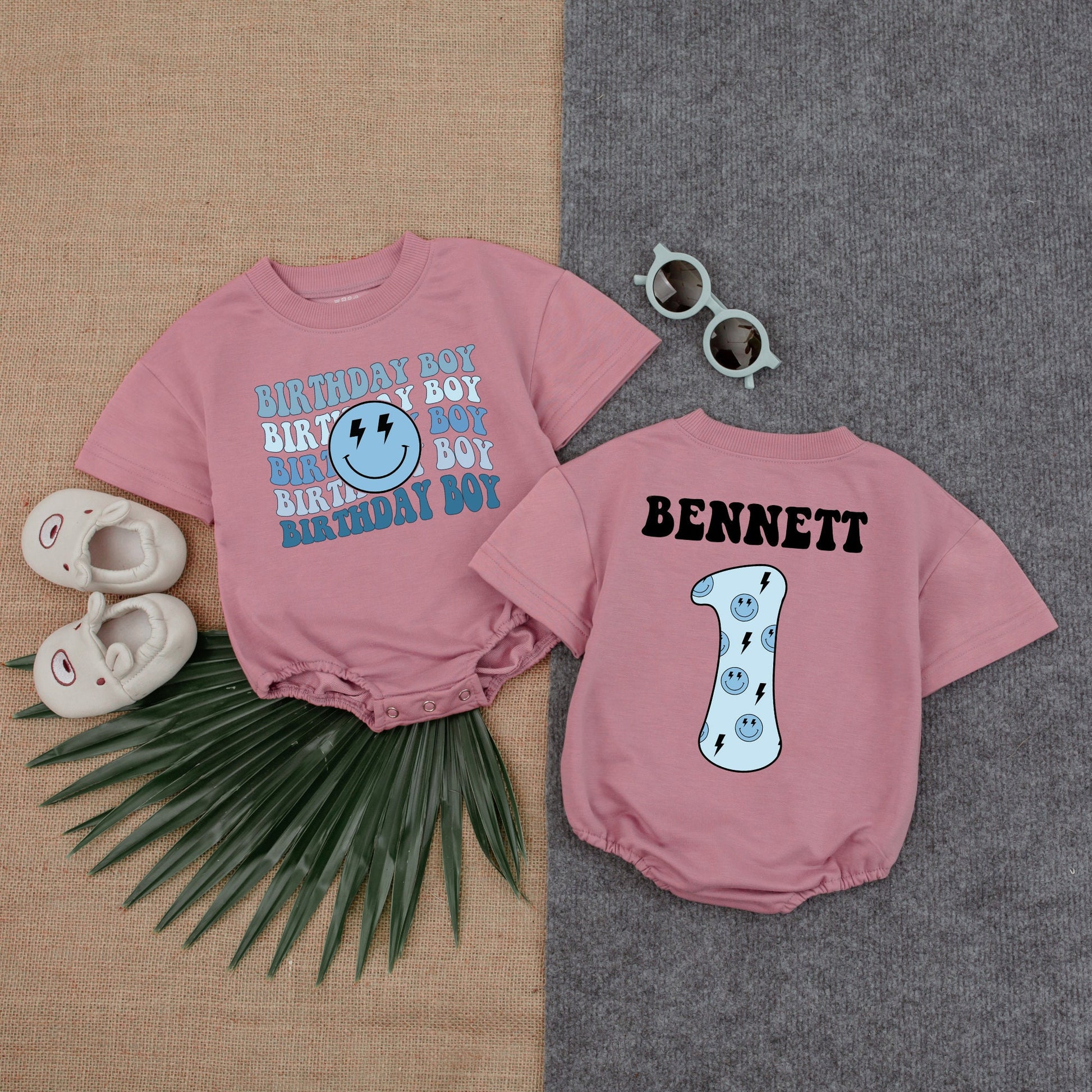 Birthday Boy Blue Smiley Face Romper First Birthday Outfit for Baby Boy with Custom Name Option