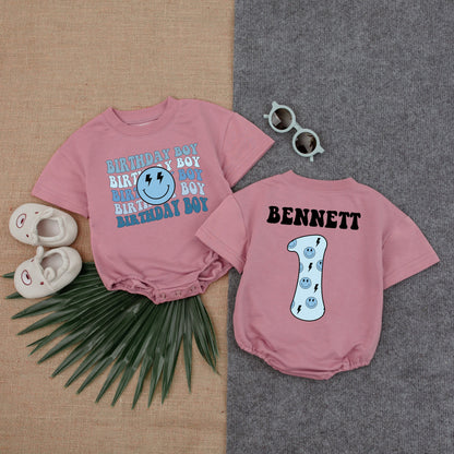 Birthday Boy Blue Smiley Face Romper First Birthday Outfit for Baby Boy with Custom Name Option