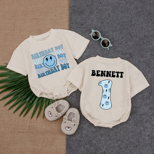 Birthday Boy Blue Smiley Face Romper First Birthday Outfit for Baby Boy with Custom Name Option