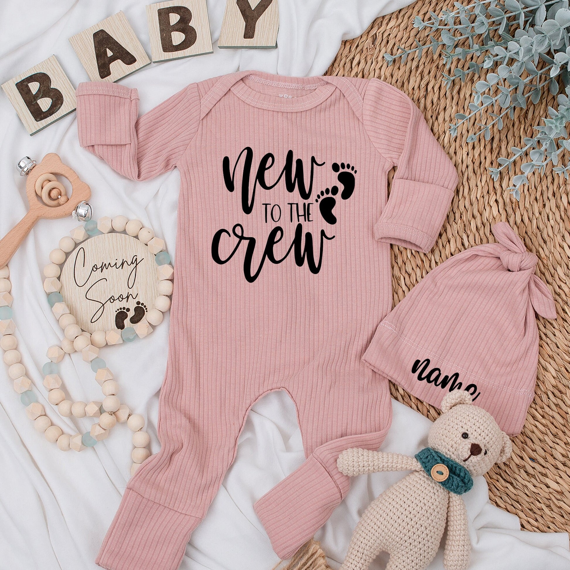 Personalized New to the Crew Baby Bodysuit Set & Hat, Newborn Going Home Outfit, Custom Name, Baby Shower Gift, Newborn Outfit