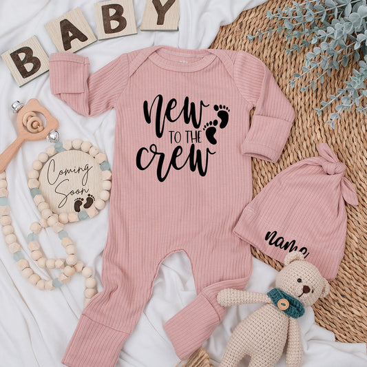 Personalized New to the Crew Baby Bodysuit Set & Hat, Newborn Going Home Outfit, Custom Name, Baby Shower Gift, Newborn Outfit