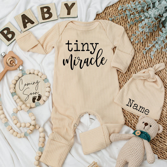 Tiny Miracle Baby Bodysuit and Hat Set Custom Name Outfit for New Baby Newborn Clothing Boy Girl Celebration Gift