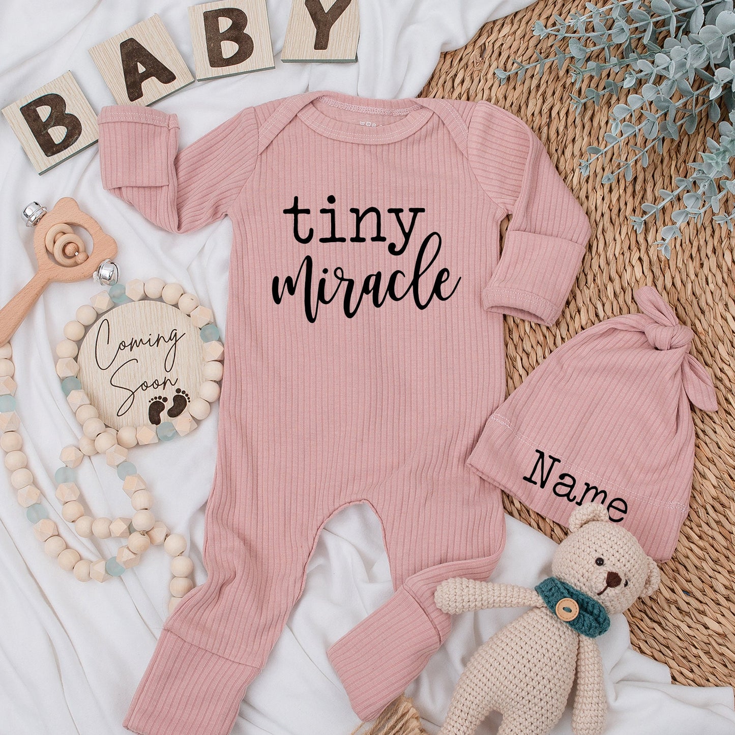 Tiny Miracle Baby Bodysuit and Hat Set Custom Name Outfit for New Baby Newborn Clothing Boy Girl Celebration Gift