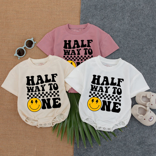 Half Way To One Birthday Romper Jaxson Yellow Smiley Face Lightning Bolt Baby Boy 1st Birthday Outfit Shower Gift
