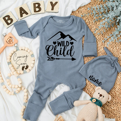 Wild Child Personalized Baby Bodysuit & Hat Set, Mountain Arrow Newborn Clothes, Custom Name Outfit, Coming Home, Baby Boy/Girl Gift Set 134
