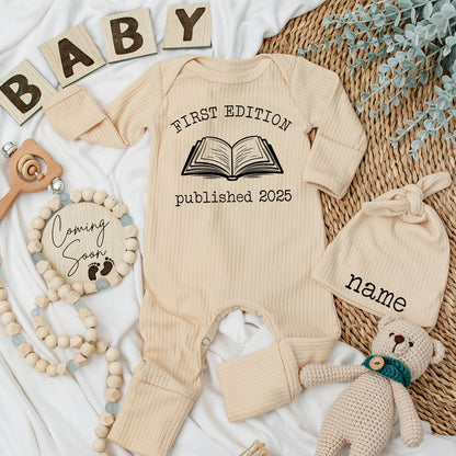 First Edition Baby Bodysuit & Matching Hat Set, Published 2025, Vintage Book Design, Baby Announcement, First Edition Baby Outfit, Bookish Baby Gift