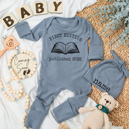 First Edition Baby Bodysuit & Matching Hat Set, Published 2025, Vintage Book Design, Baby Announcement, First Edition Baby Outfit, Bookish Baby Gift