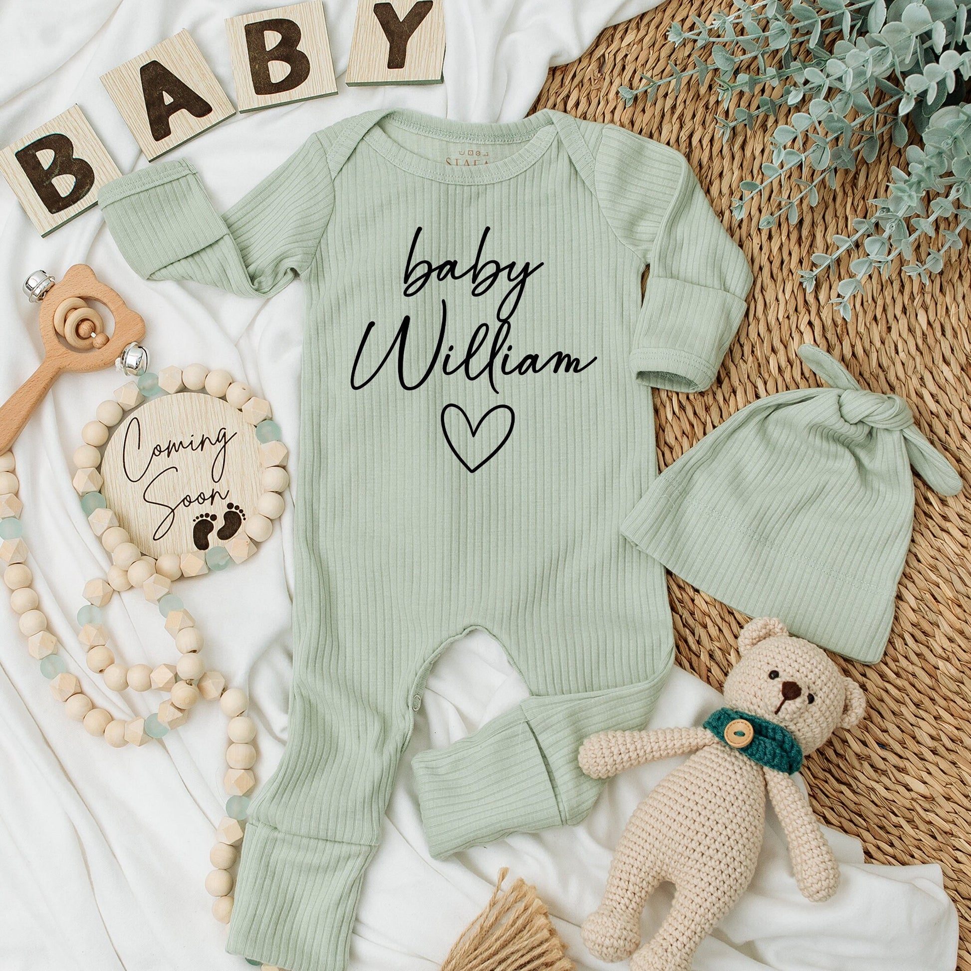 Baby William Personalized Baby Bodysuit, Custom Cursive Name Heart Design Newborn Gift, Coming Soon Baby Announcement Romper