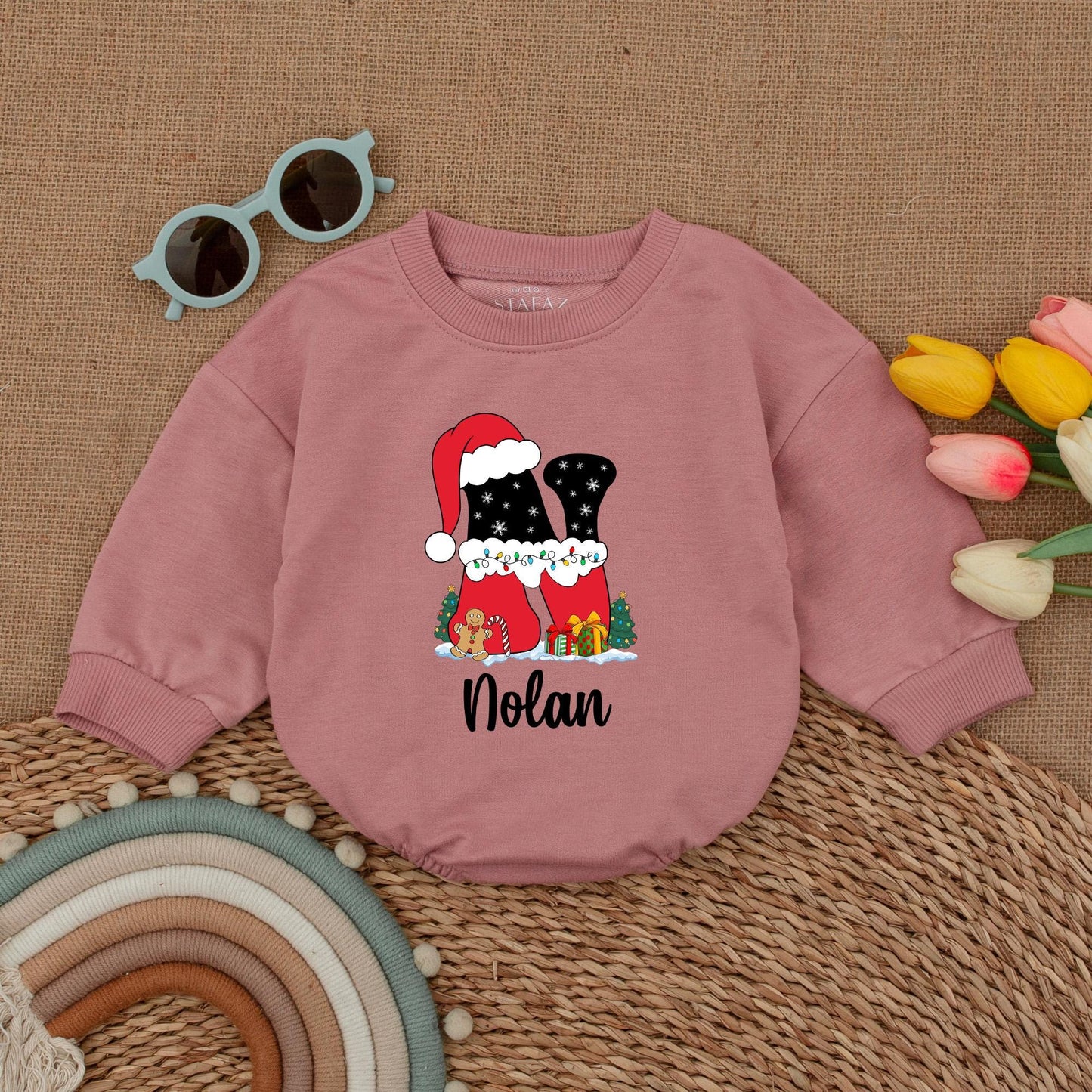 Personalized First Christmas Romper, Baby Bodysuit, Winter Outfit