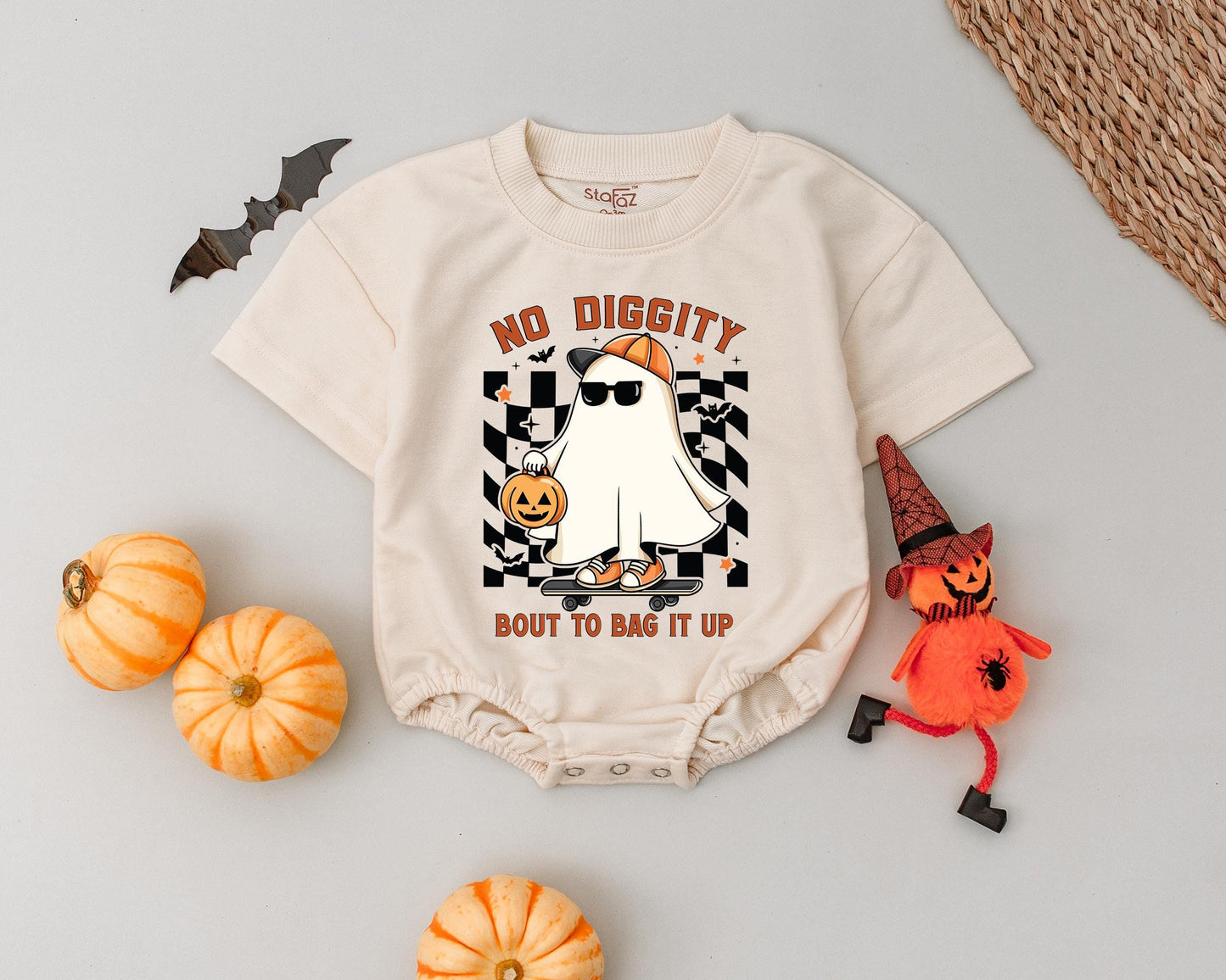 Spooky Dude First Halloween Romper: Cool Ghost on Skateboard with Pumpkin Outfit, Funny Retro Boys Girls Costume "NO DIGGITY" Baby Outfit 1st Halloween