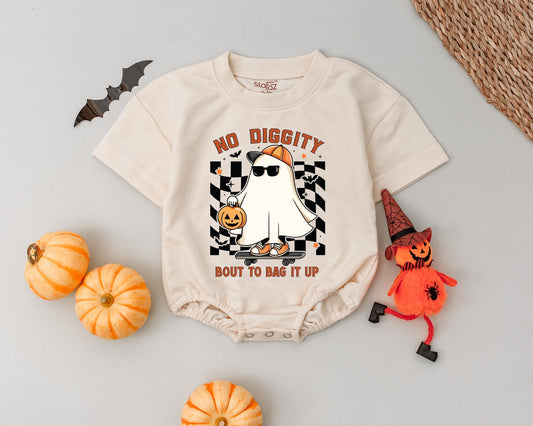 Spooky Dude First Halloween Romper: Cool Ghost on Skateboard with Pumpkin Outfit, Funny Retro Boys Girls Costume "NO DIGGITY" Baby Outfit 1st Halloween