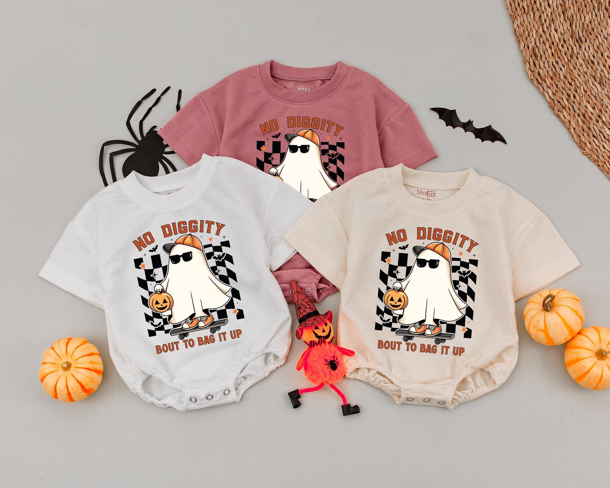 Spooky Dude First Halloween Romper: Cool Ghost on Skateboard with Pumpkin Outfit, Funny Retro Boys Girls Costume "NO DIGGITY" Baby Outfit 1st Halloween