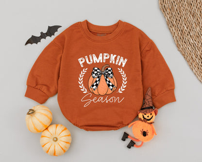 Autumn Pumpkin Baby Romper & Bow | Fall Newborn Bodysuit Outfit