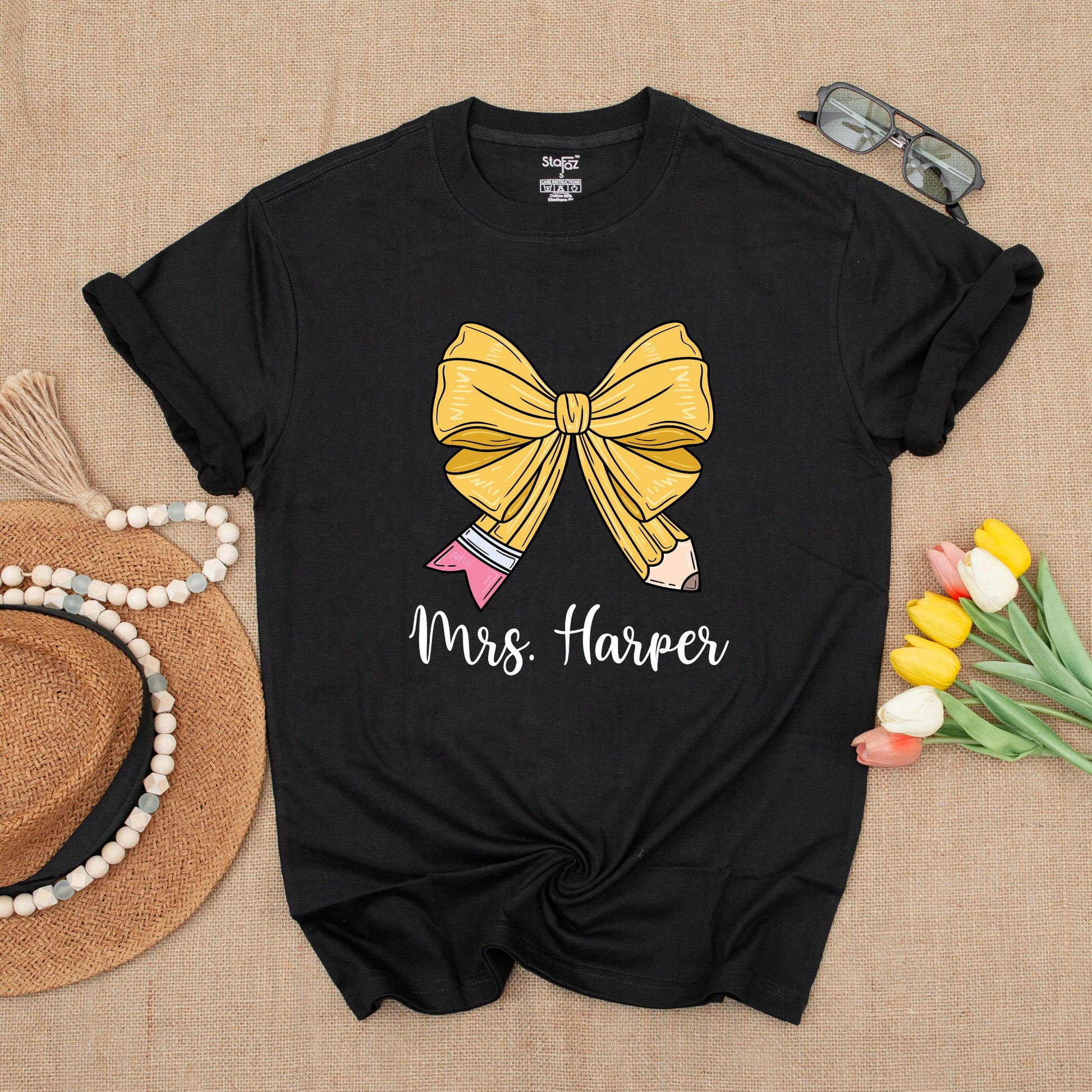 Custom Teacher Pencil Bow Tee – Back to School Shirt for Educators