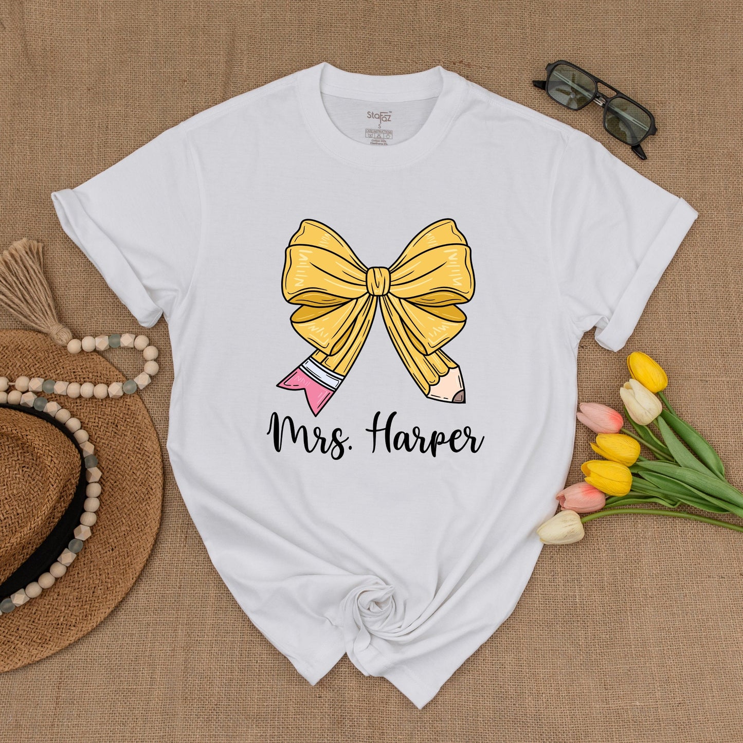 Custom Teacher Pencil Bow Tee – Back to School Shirt for Educators