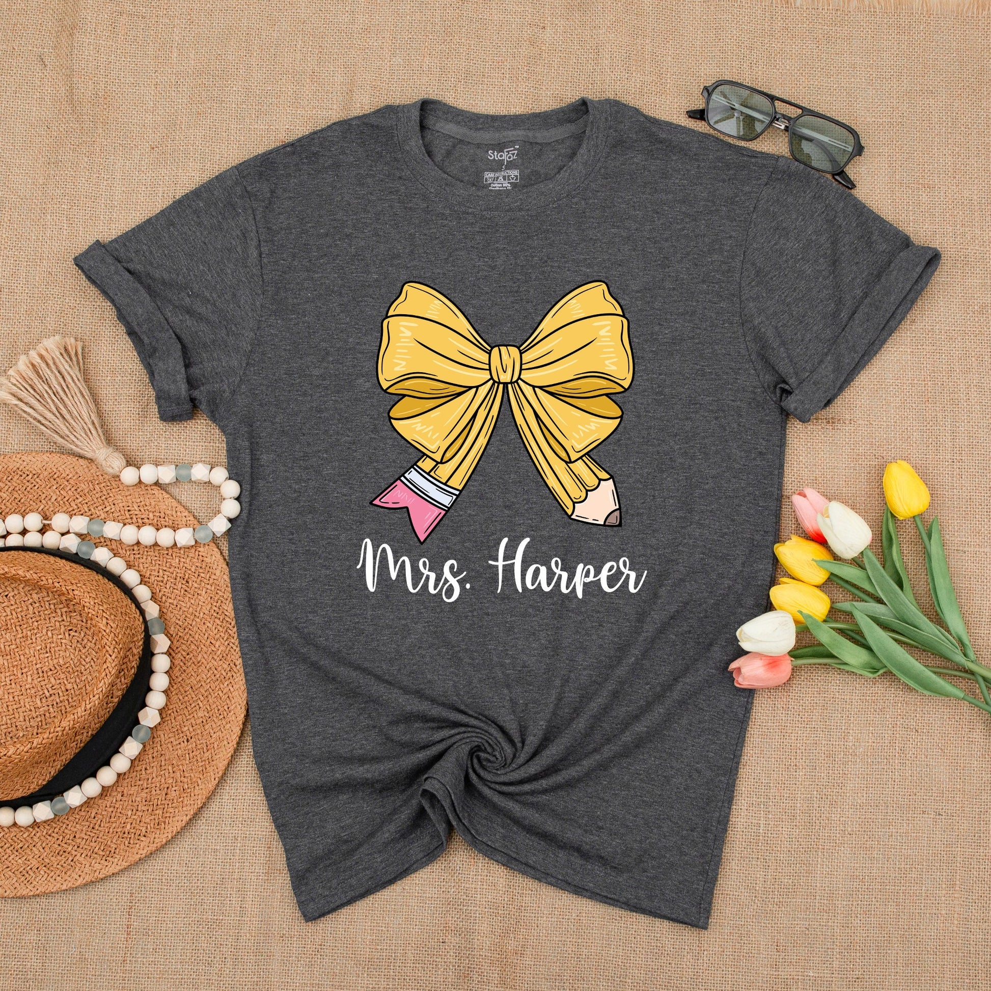 Custom Teacher Pencil Bow Tee – Back to School Shirt for Educators