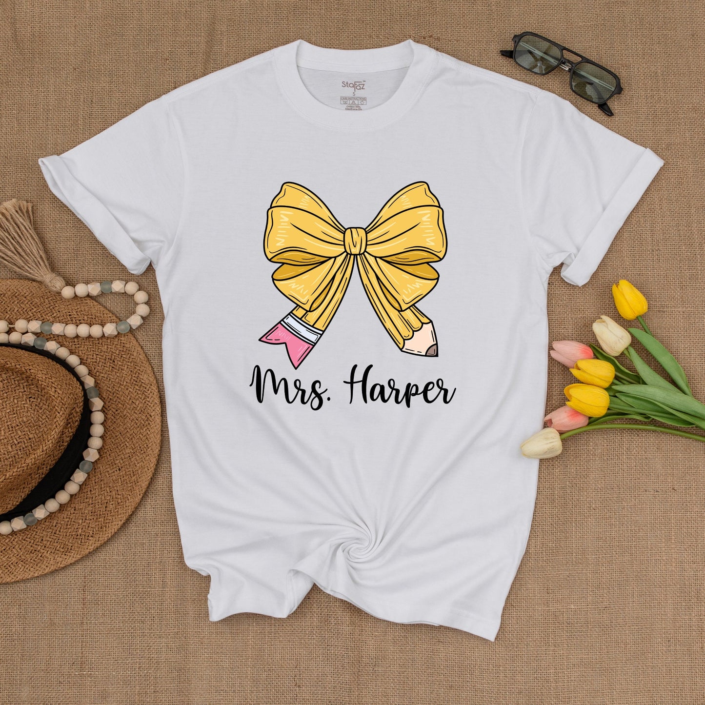 Custom Teacher Pencil Bow Tee – Back to School Shirt for Educators