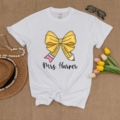 Custom Teacher Pencil Bow Tee – Back to School Shirt for Educators