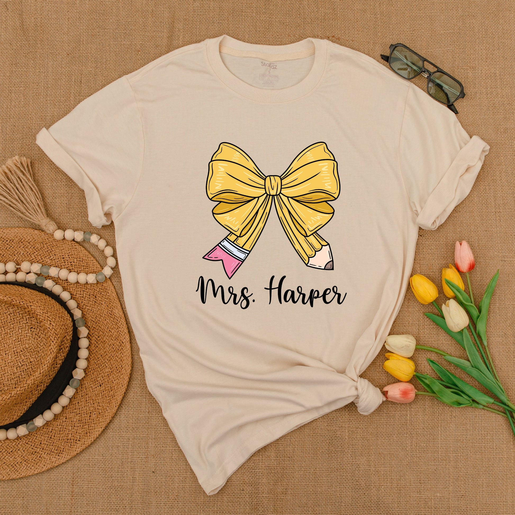 Custom Teacher Pencil Bow Tee – Back to School Shirt for Educators