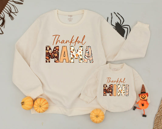 Thankful Mama Mini Fall Sweatshirt Matching Family Outfits Pumpkin Spice Vintage Design Mom & Baby Thanksgiving Outfit