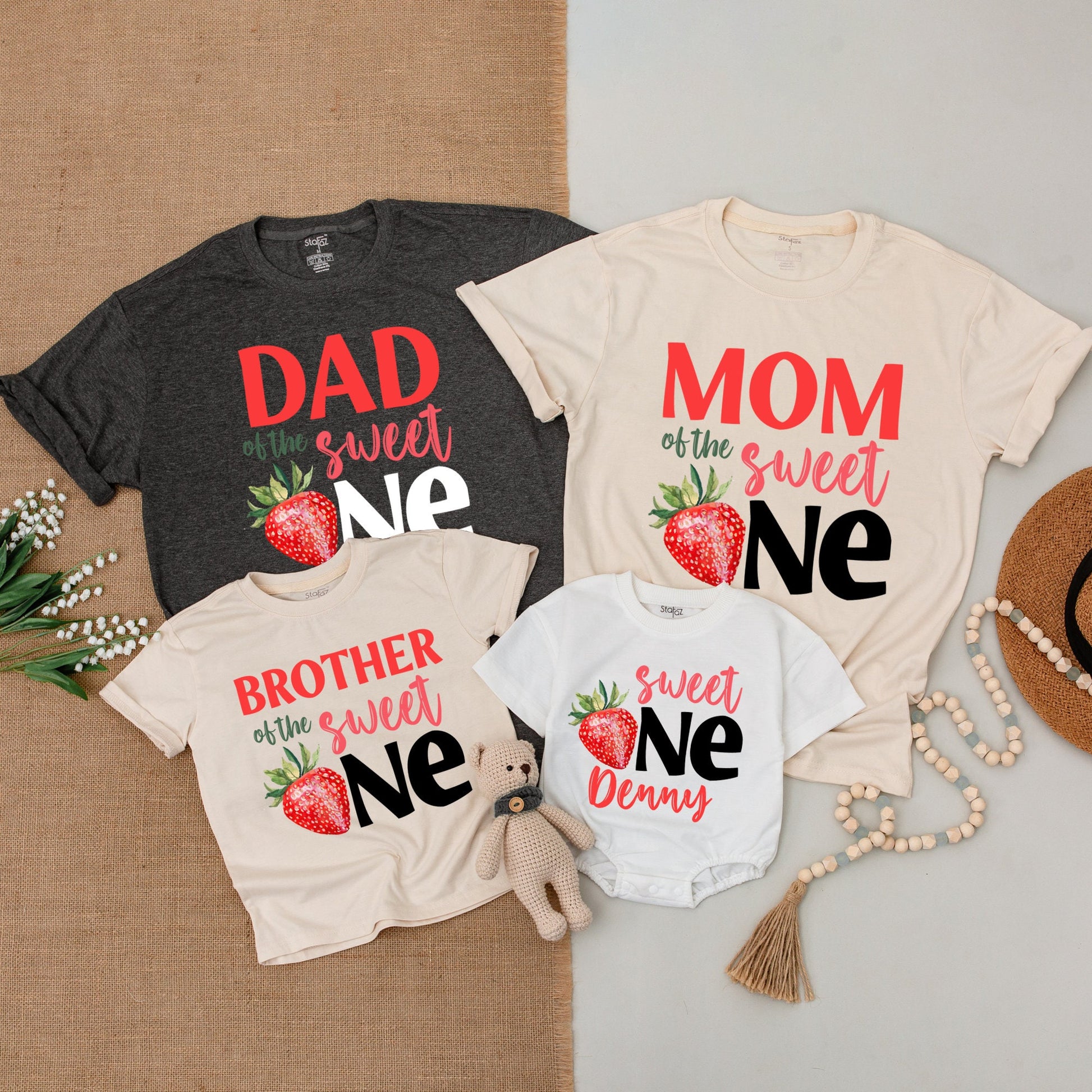 Strawberry-Themed Family Matching Shirts: 1st Birthday Outfit Set