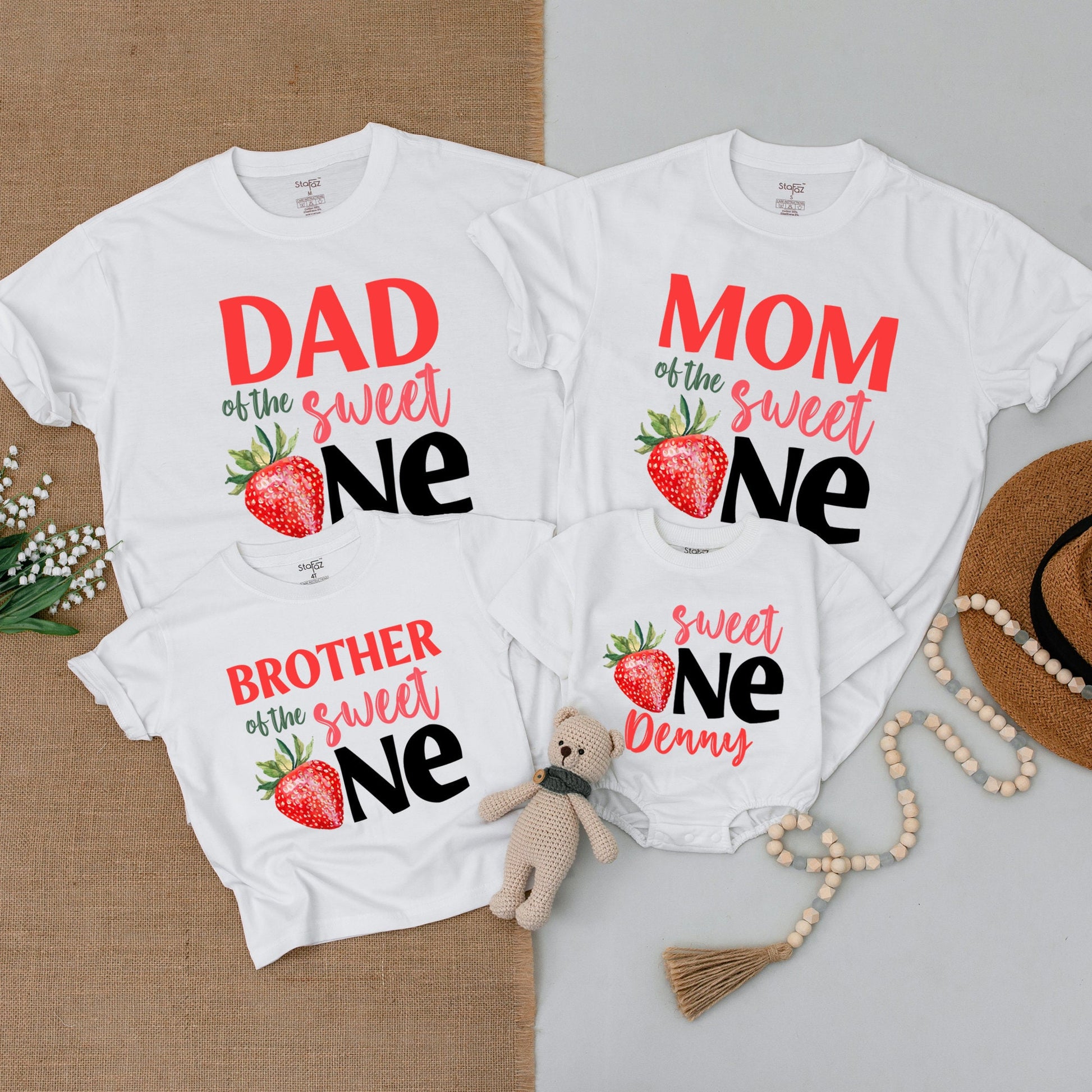 Strawberry-Themed Family Matching Shirts: 1st Birthday Outfit Set