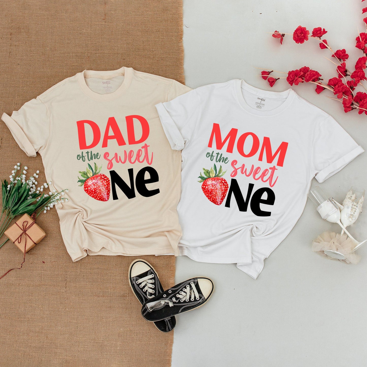 Strawberry-Themed Family Matching Shirts: 1st Birthday Outfit Set