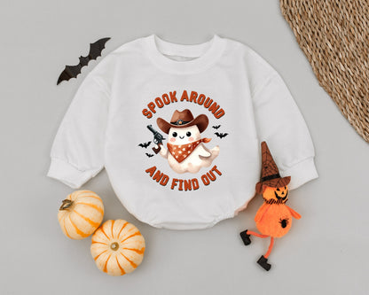 Cowboy Ghost Romper "Spook Around and Find Out" Baby Outfit Cute Western Halloween Costume Toddler Infant First Halloween Gift