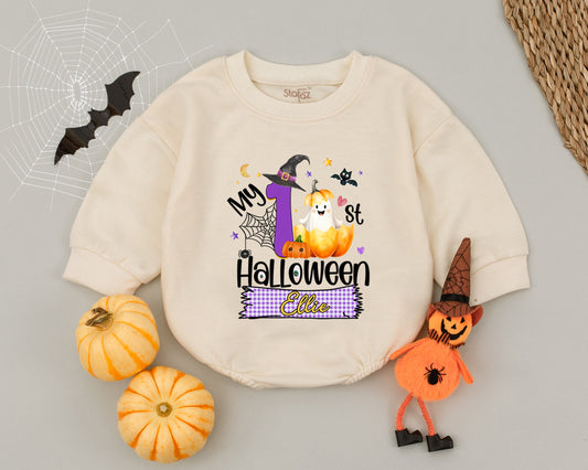 Personalized Ellie My First Halloween Baby Romper Cute Ghost Pumpkin Moon Stars Checkered Banner Whimsical Spooky Girl Outfit First Birthday