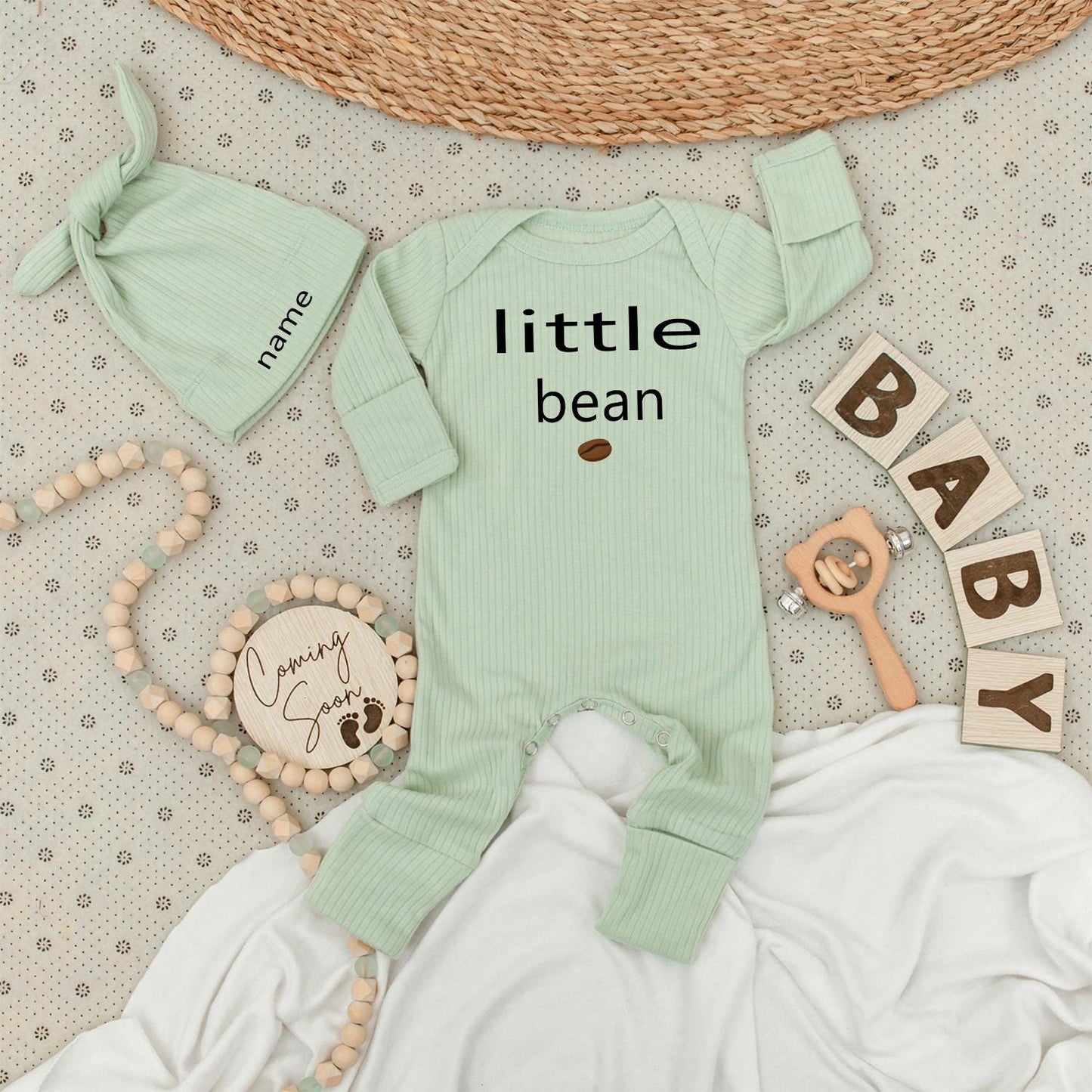 Little Bean Coffee Bodysuit and Hat Set Personalized Name Baby Gift Unisex Newborn Going Home Outfit Modern Minimalist