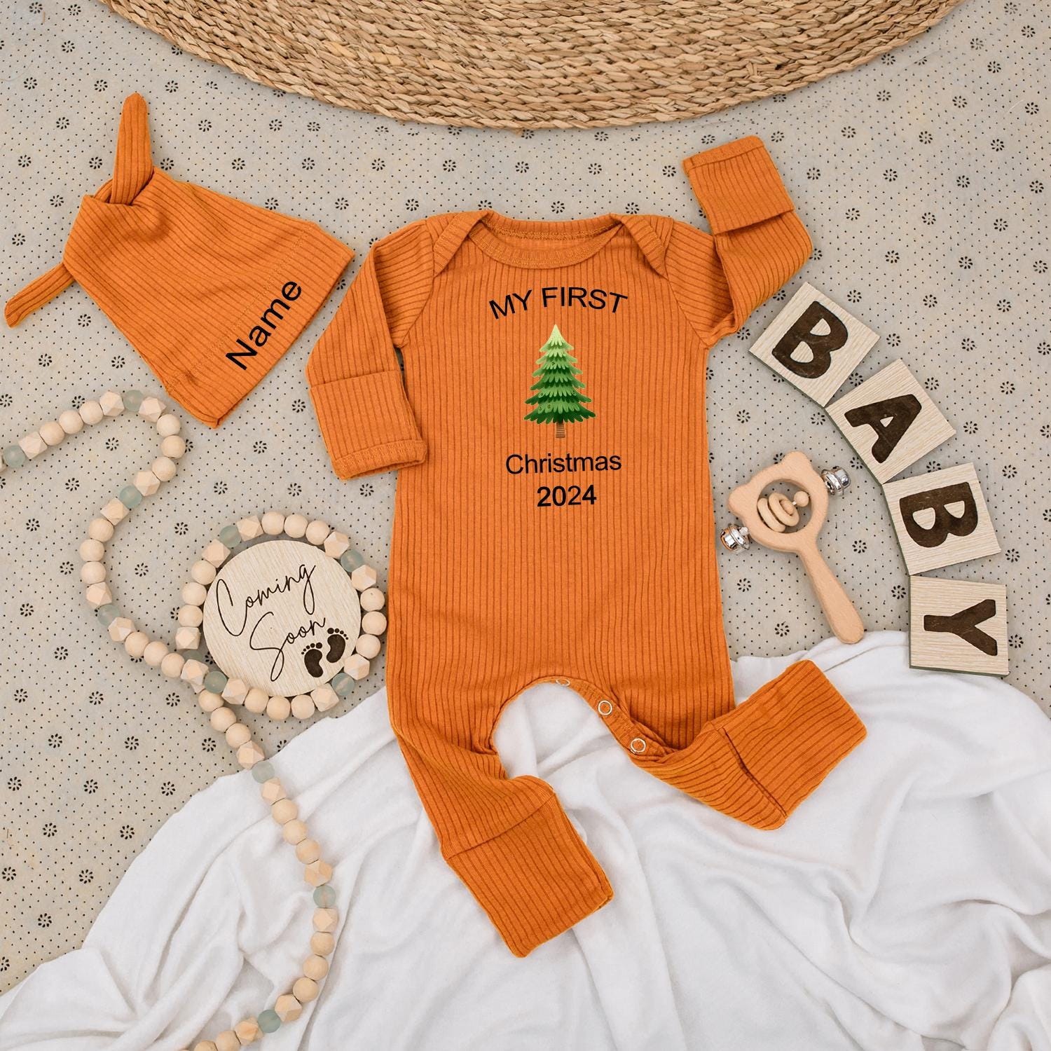 My First Christmas Baby Bodysuit & Hat Set Cute Green Tree Personalized Name Newborn 1st Xmas Outfit Unisex Gift 2024