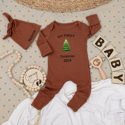 My First Christmas Baby Bodysuit & Hat Set Cute Green Tree Personalized Name Newborn 1st Xmas Outfit Unisex Gift 2024