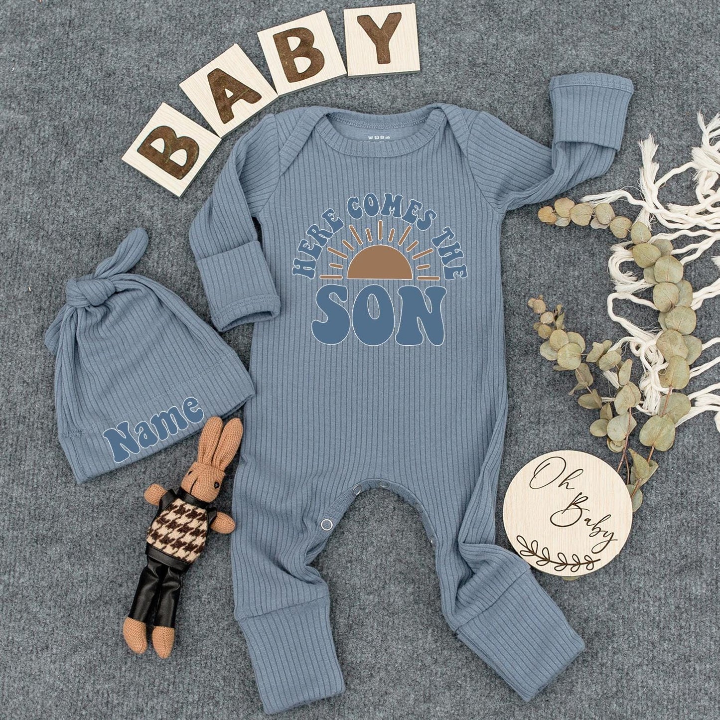 Here Comes The Son Baby Boy Bodysuit - Retro Sun Design Newborn Outfit & Announcement Gift - Blue Block Text, Vintage Style Baby Shower Gift