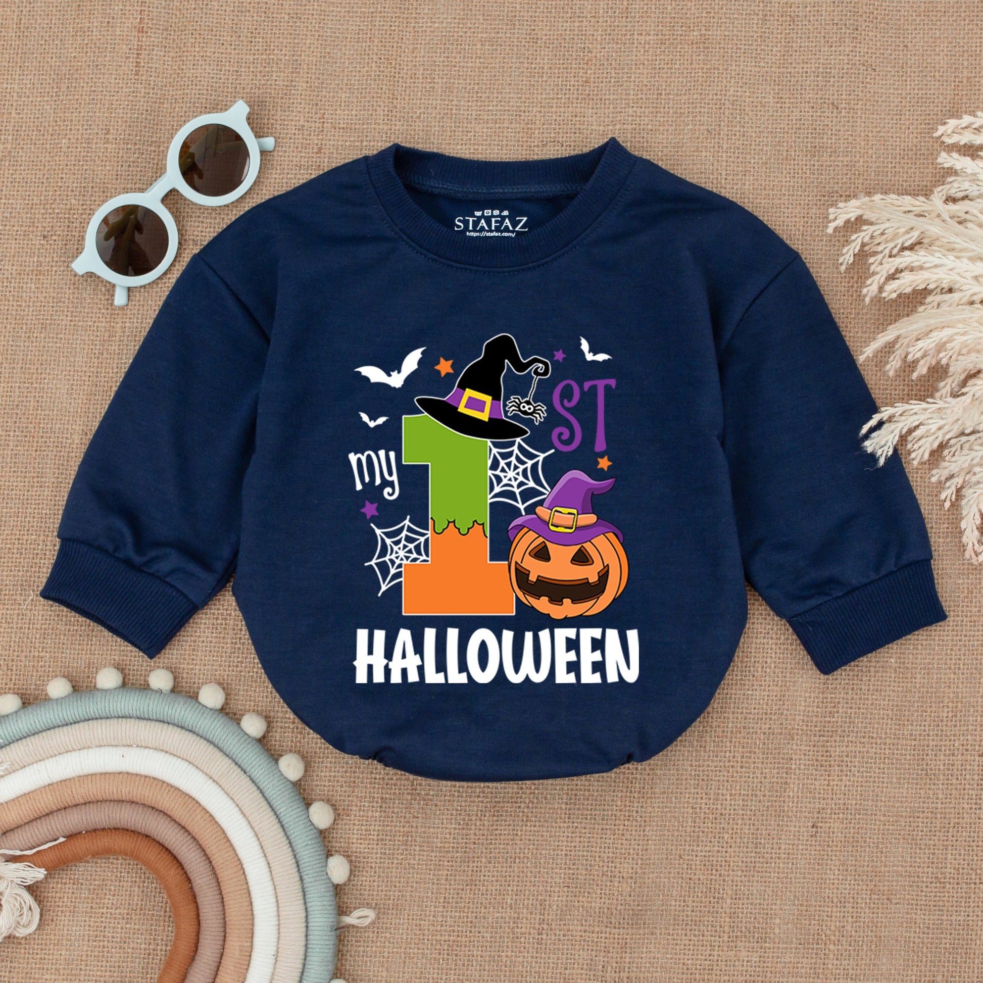 My 1st Halloween Romper Baby Girl Outfit Pumpkin Witch Bodysuit Cartoon Spiderwebs Bats Stars First Halloween Costume Newborn Shower Gift Cute 1 Orange Green