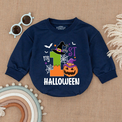 My 1st Halloween Romper Baby Girl Outfit Pumpkin Witch Bodysuit Cartoon Spiderwebs Bats Stars First Halloween Costume Newborn Shower Gift Cute 1 Orange Green