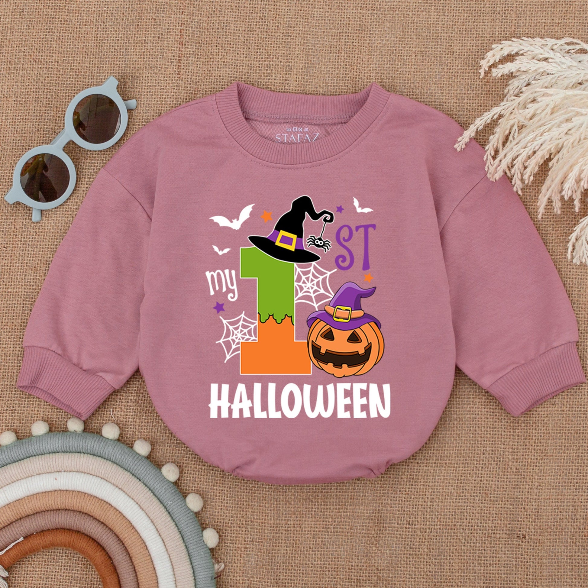 My 1st Halloween Romper Baby Girl Outfit Pumpkin Witch Bodysuit Cartoon Spiderwebs Bats Stars First Halloween Costume Newborn Shower Gift Cute 1 Orange Green