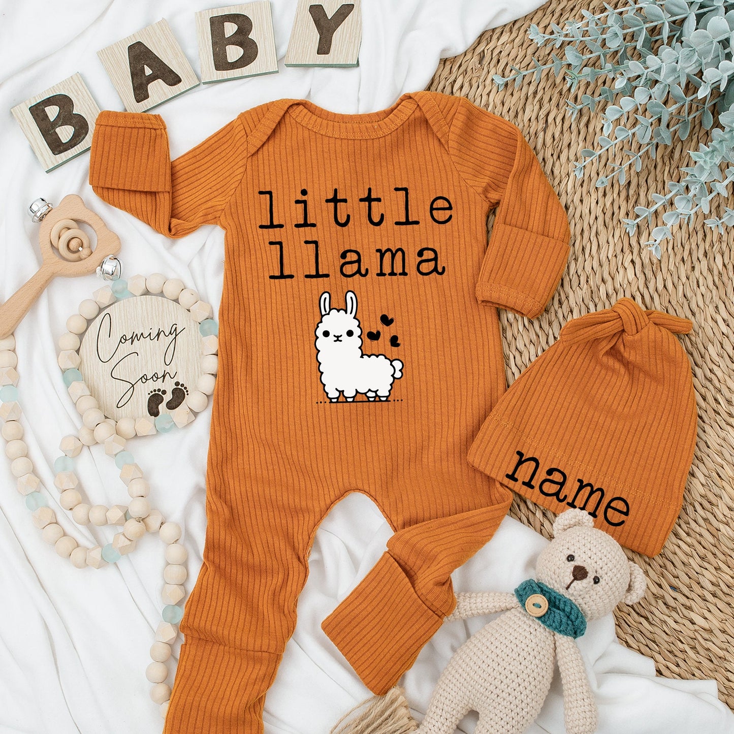 Personalized Little Llama Bodysuit & Hat Set - Custom Name Baby Outfit, New Arrival Gift, Soft Cotton Going Home Outfit, Unisex Keepsake 138 chars