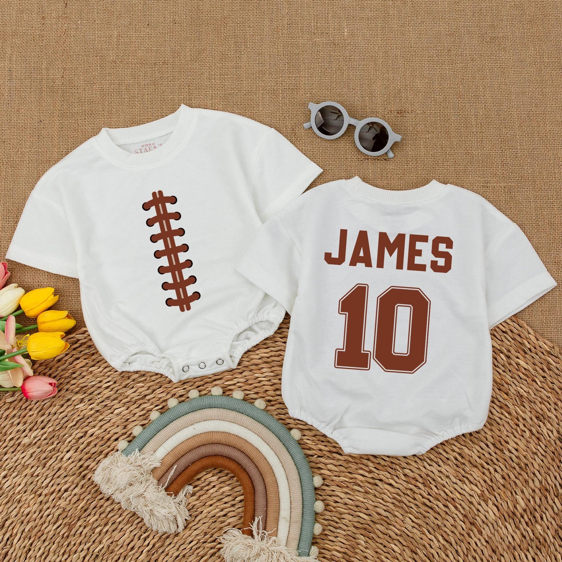 Personalized Football Baby Romper: Custom Name & Number Game Day Bodysuit for Baby Boy or Girl, Football Baby Shower Gift