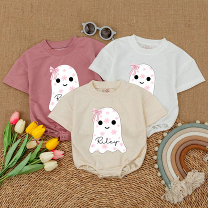 Custom Name Cute Ghost Baby Romper with Pink Bow Floral Halloween Bodysuit Whimsical Infant Fall Bubble Outfit Shower Gift