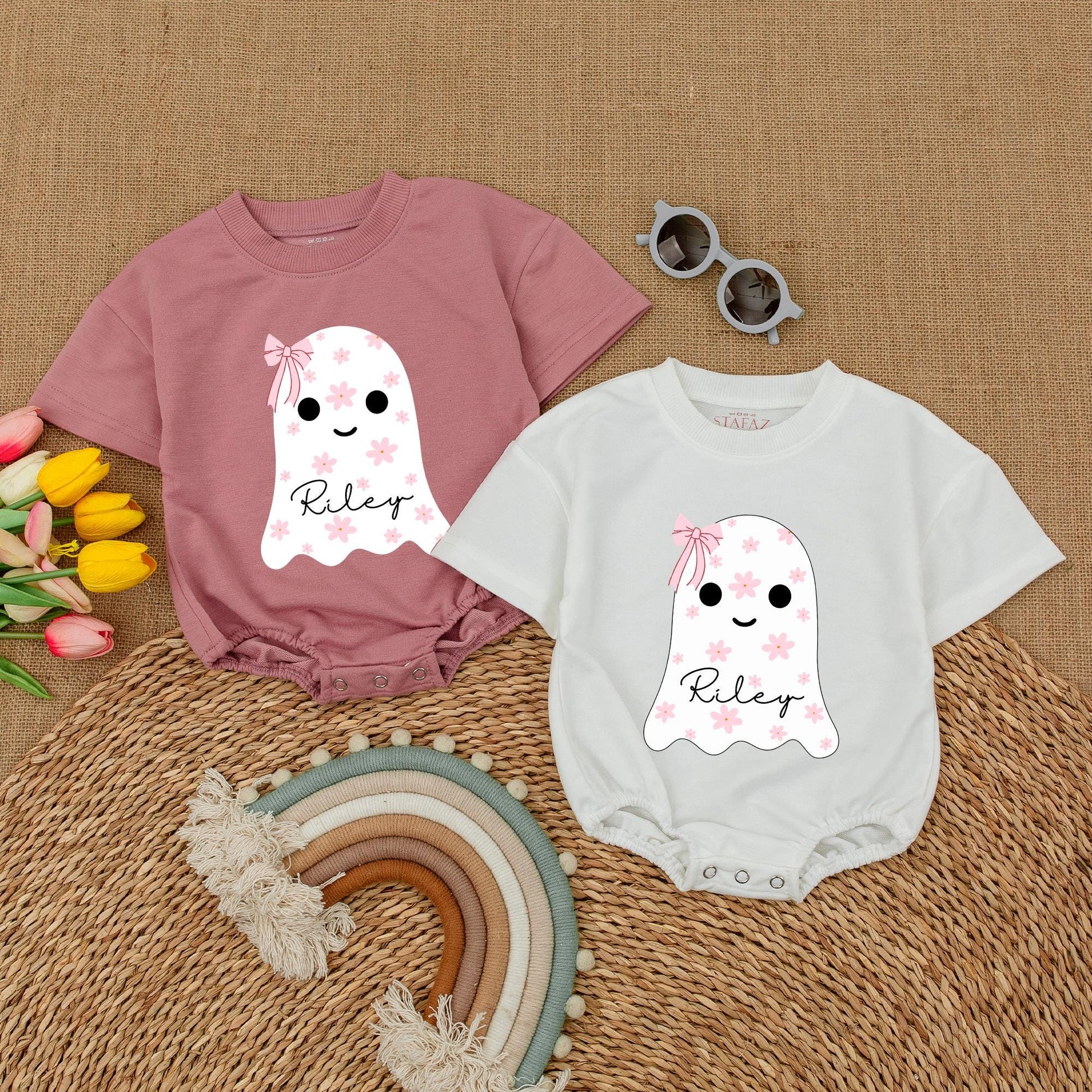 Custom Name Cute Ghost Baby Romper with Pink Bow Floral Halloween Bodysuit Whimsical Infant Fall Bubble Outfit Shower Gift