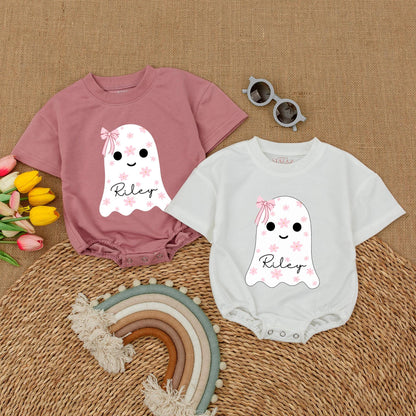 Custom Name Cute Ghost Baby Romper with Pink Bow Floral Halloween Bodysuit Whimsical Infant Fall Bubble Outfit Shower Gift