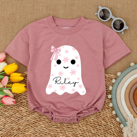 Custom Name Cute Ghost Baby Romper with Pink Bow Floral Halloween Bodysuit Whimsical Infant Fall Bubble Outfit Shower Gift