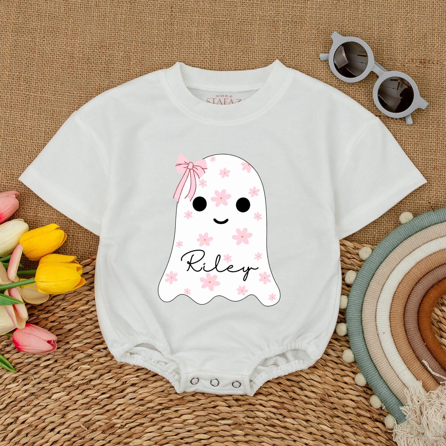 Custom Name Cute Ghost Baby Romper with Pink Bow Floral Halloween Bodysuit Whimsical Infant Fall Bubble Outfit Shower Gift