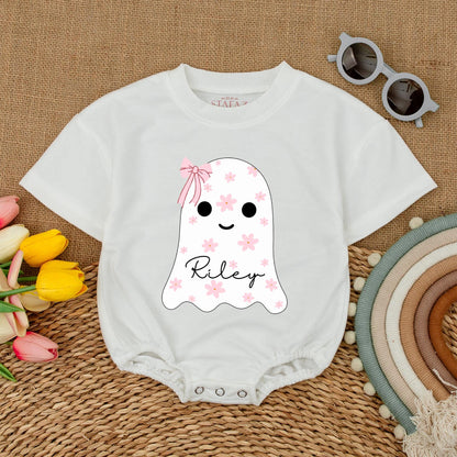 Custom Name Cute Ghost Baby Romper with Pink Bow Floral Halloween Bodysuit Whimsical Infant Fall Bubble Outfit Shower Gift