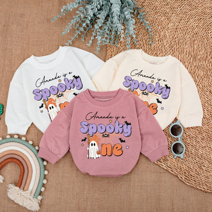 Amanda is a Spooky One Halloween Baby Romper, Cute Ghost, Orange Hat, Spider Web, Bats, Stars, Funny Infant Outfit, Gift
